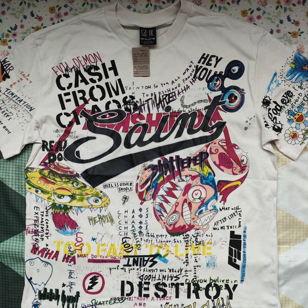 SG NL White Graphic Short Sleeve Tee - Bold Multicolor Artwork